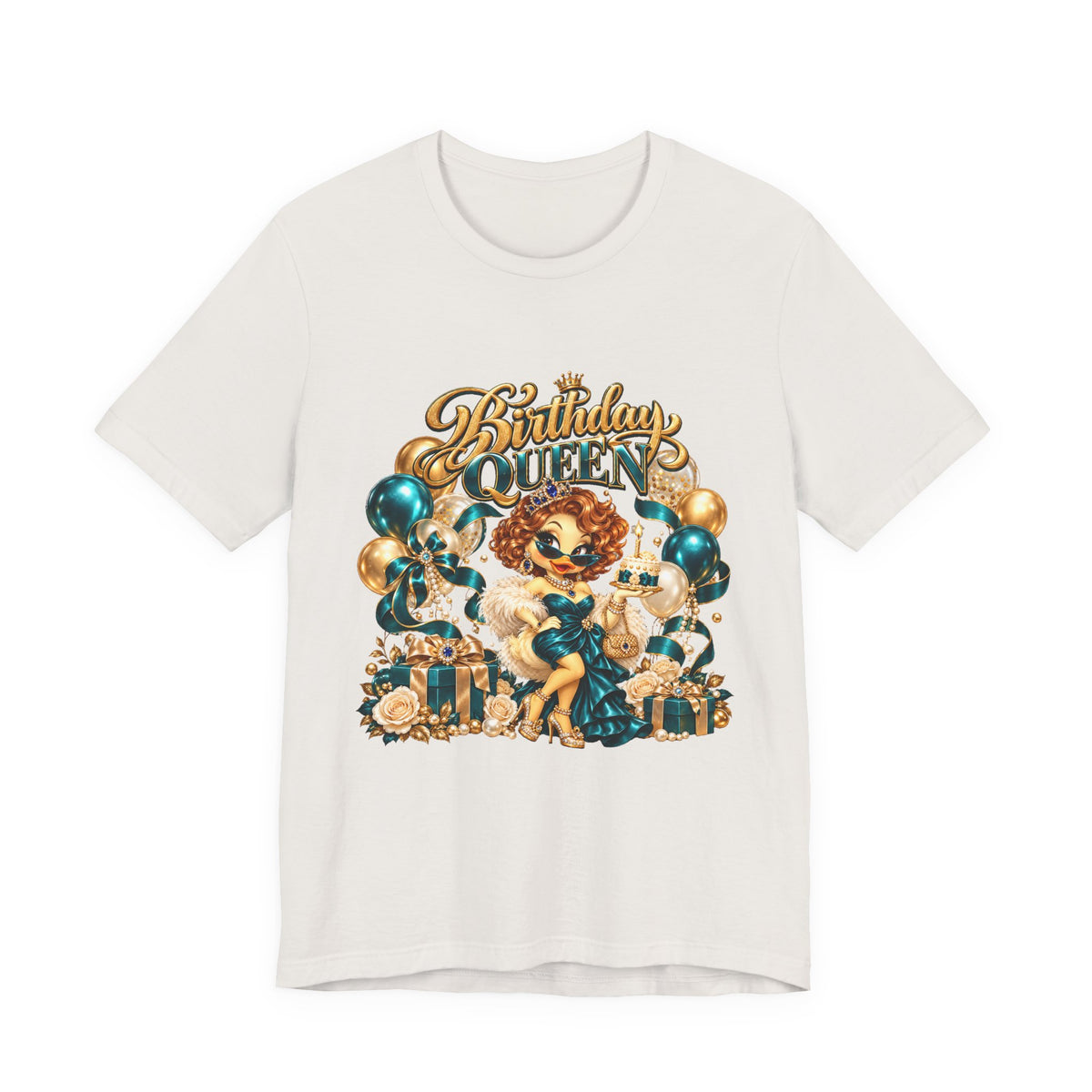 Birthday Queen Tee — Gold & Teal Balloon Party Graphic Shirt