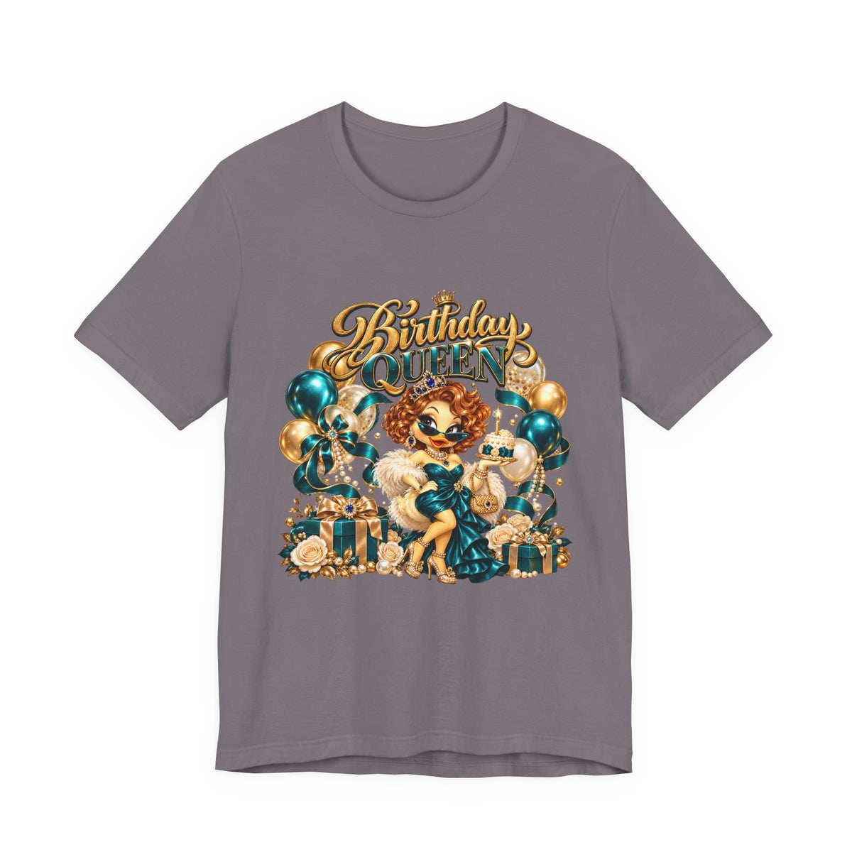 Birthday Queen Tee — Gold & Teal Balloon Party Graphic Shirt