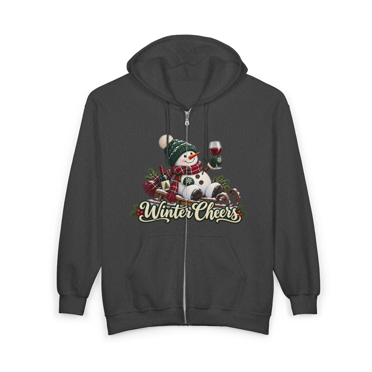 Winter Cheers Snowman Zip Hoodie | Holiday Drinking Wine Design