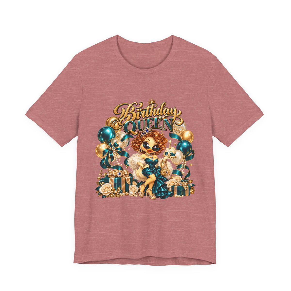 Birthday Queen Tee — Gold & Teal Balloon Party Graphic Shirt