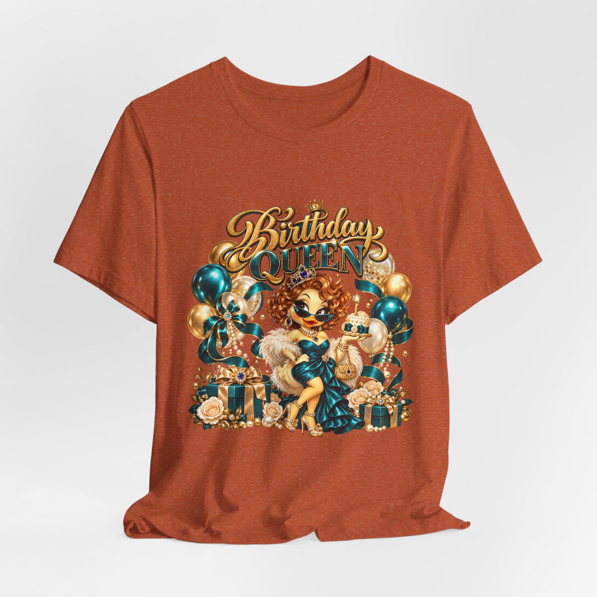 Birthday Queen Tee — Gold & Teal Balloon Party Graphic Shirt