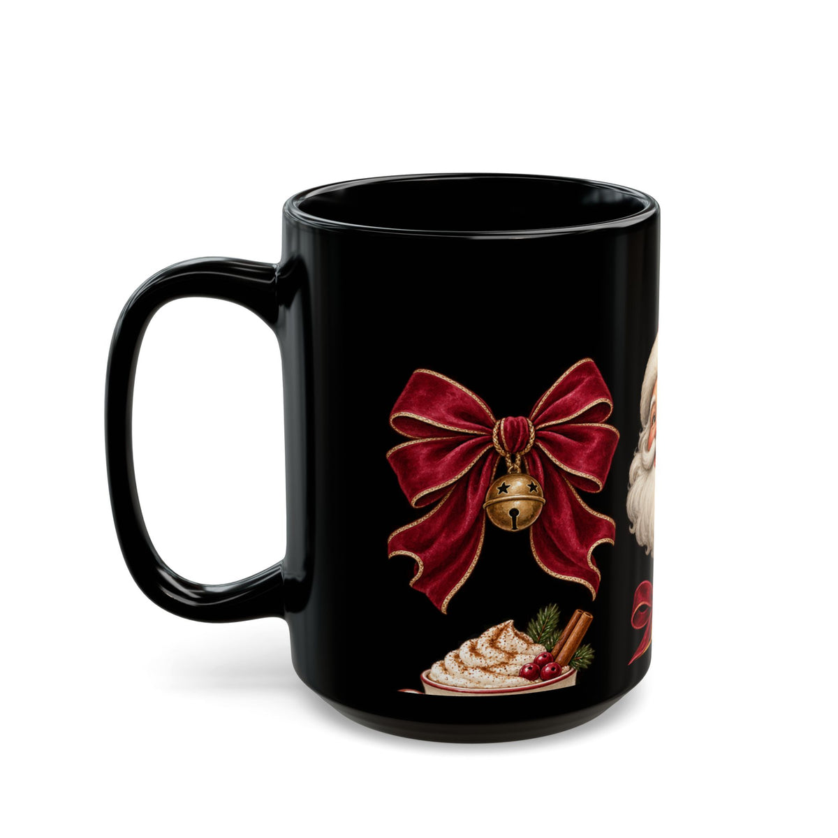 Christmas Santa & Tree Black Ceramic Mug – Vintage Holiday Coffee Cup (11oz/15oz)
