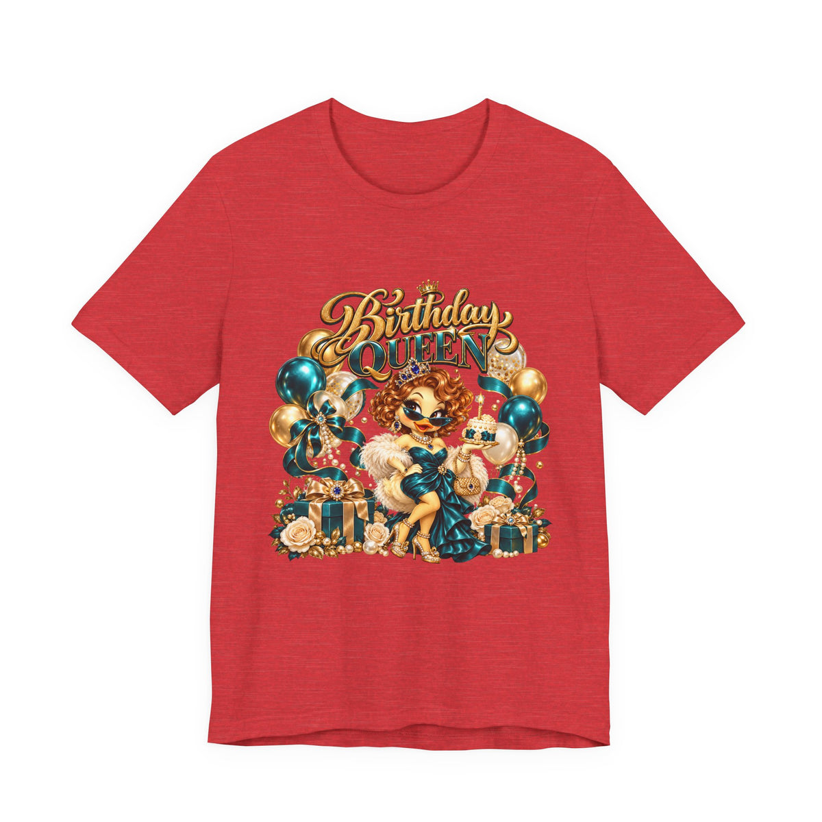 Birthday Queen Tee — Gold & Teal Balloon Party Graphic Shirt