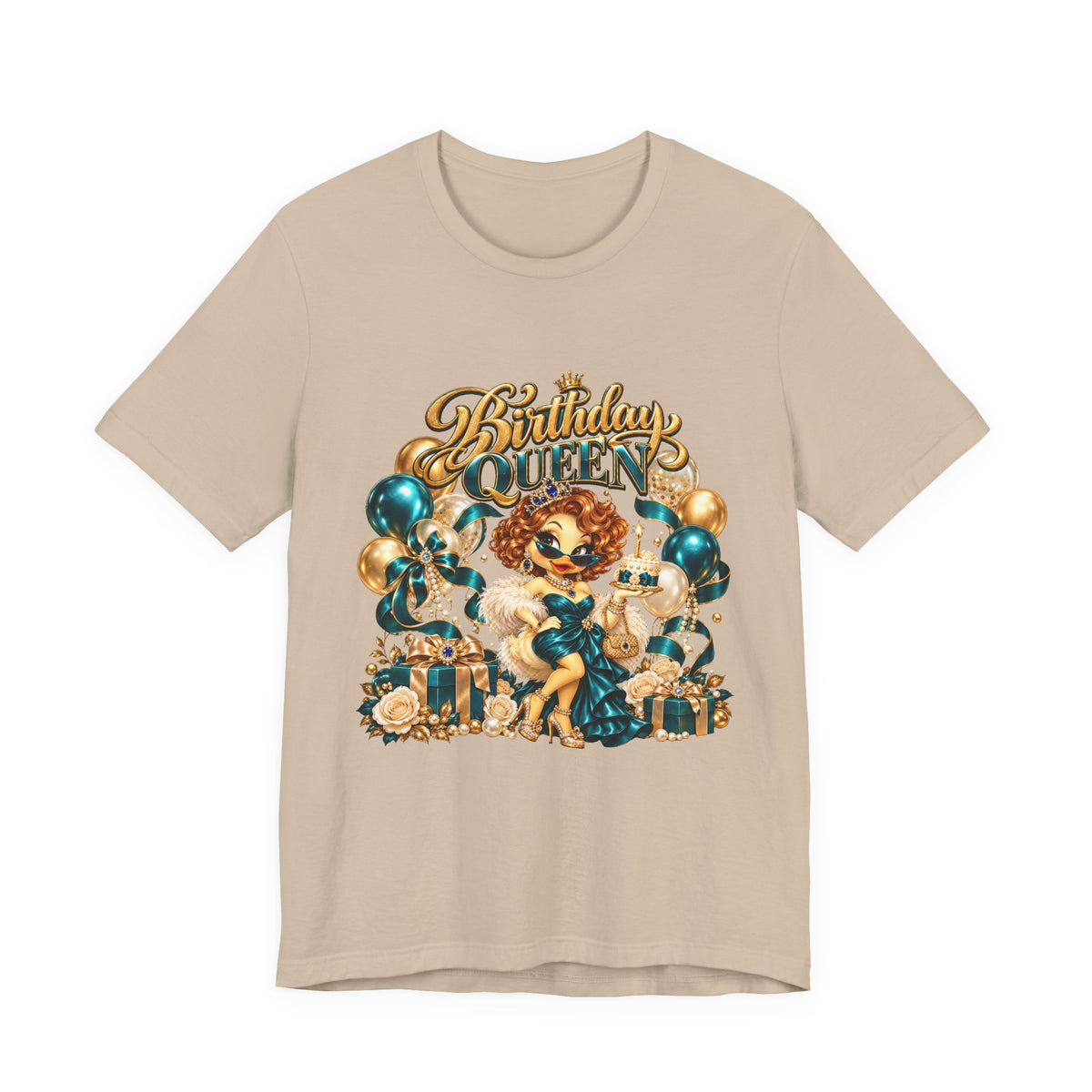 Birthday Queen Tee — Gold & Teal Balloon Party Graphic Shirt