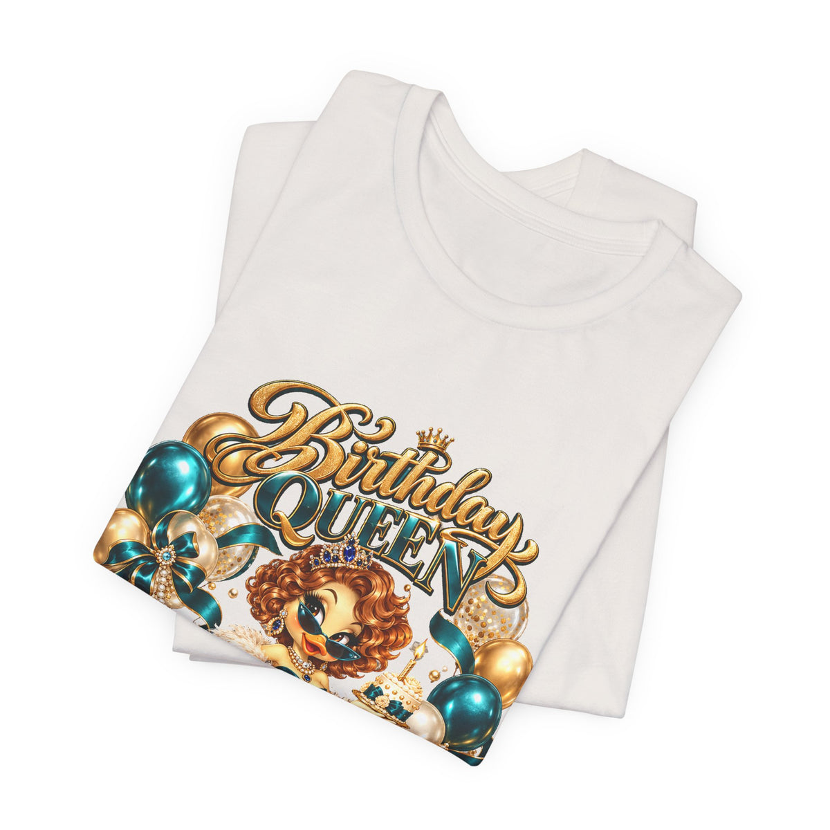 Birthday Queen Tee — Gold & Teal Balloon Party Graphic Shirt