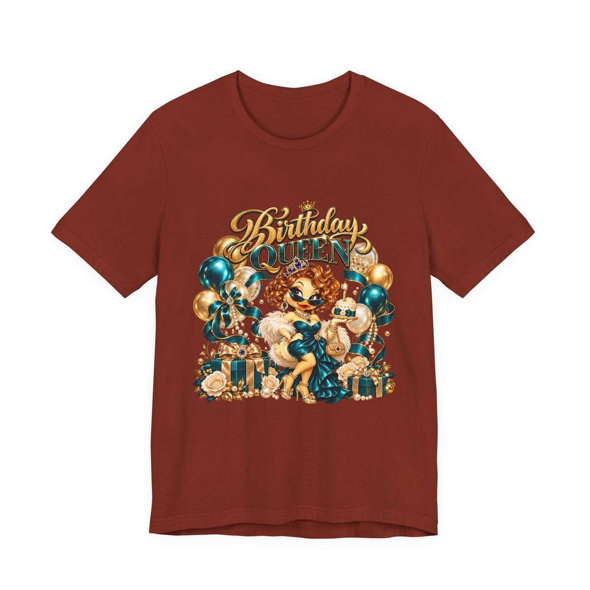 Birthday Queen Tee — Gold & Teal Balloon Party Graphic Shirt
