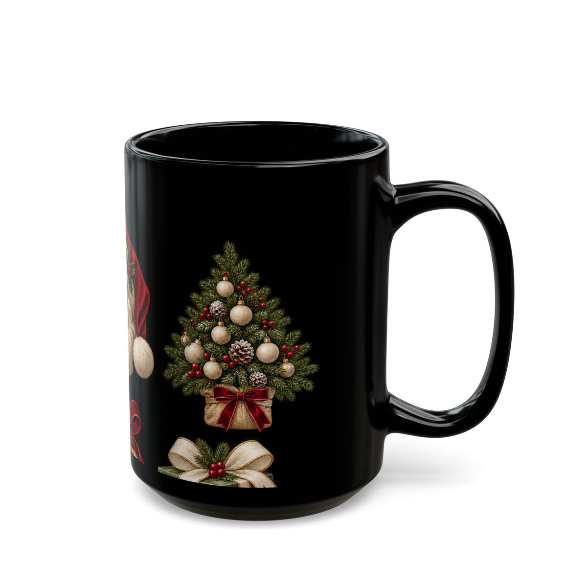 Christmas Santa & Tree Black Ceramic Mug – Vintage Holiday Coffee Cup (11oz/15oz)