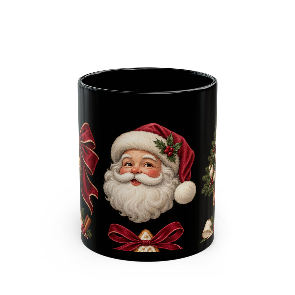 Christmas Santa & Tree Black Ceramic Mug – Vintage Holiday Coffee Cup (11oz/15oz)