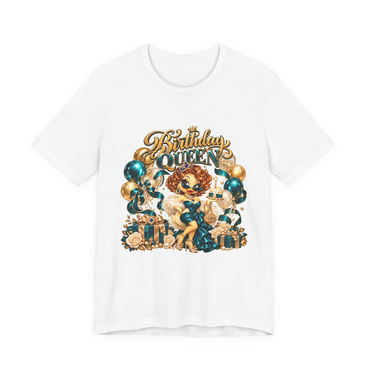 Birthday Queen Tee — Gold & Teal Balloon Party Graphic Shirt