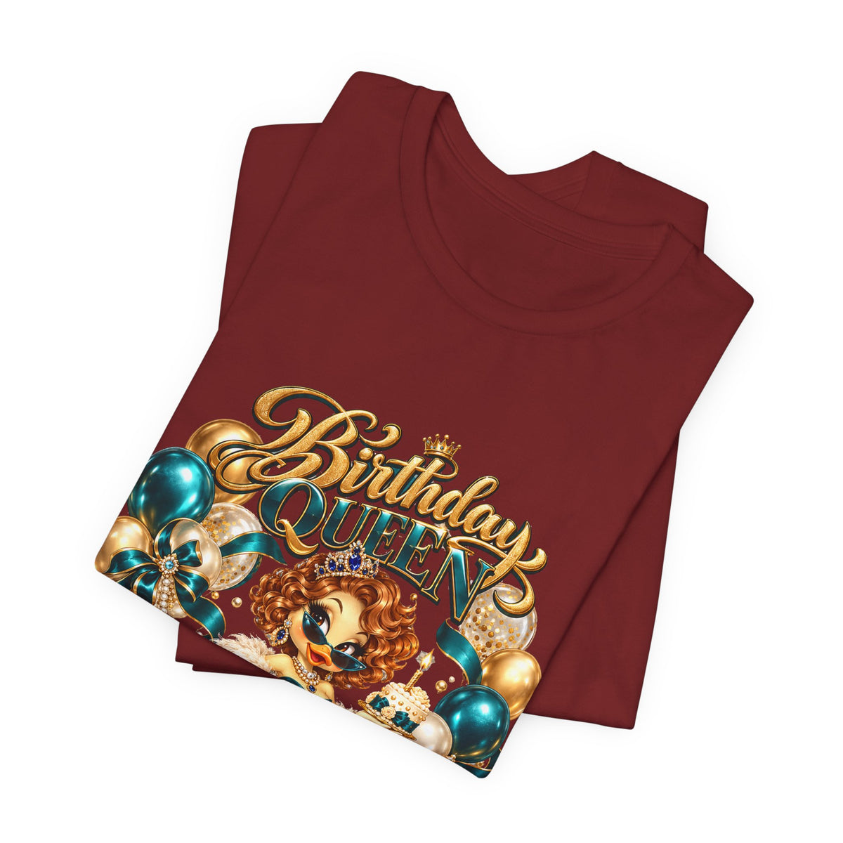 Birthday Queen Tee — Gold & Teal Balloon Party Graphic Shirt