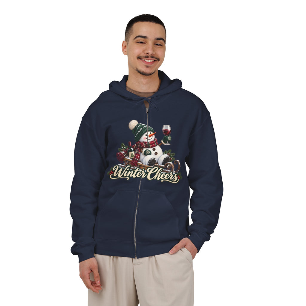 Winter Cheers Snowman Zip Hoodie | Holiday Drinking Wine Design