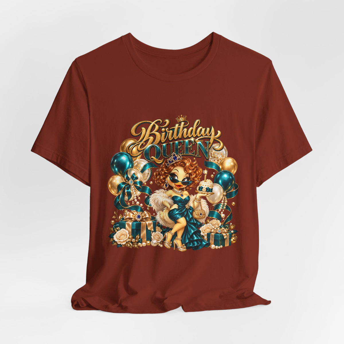 Birthday Queen Tee — Gold & Teal Balloon Party Graphic Shirt