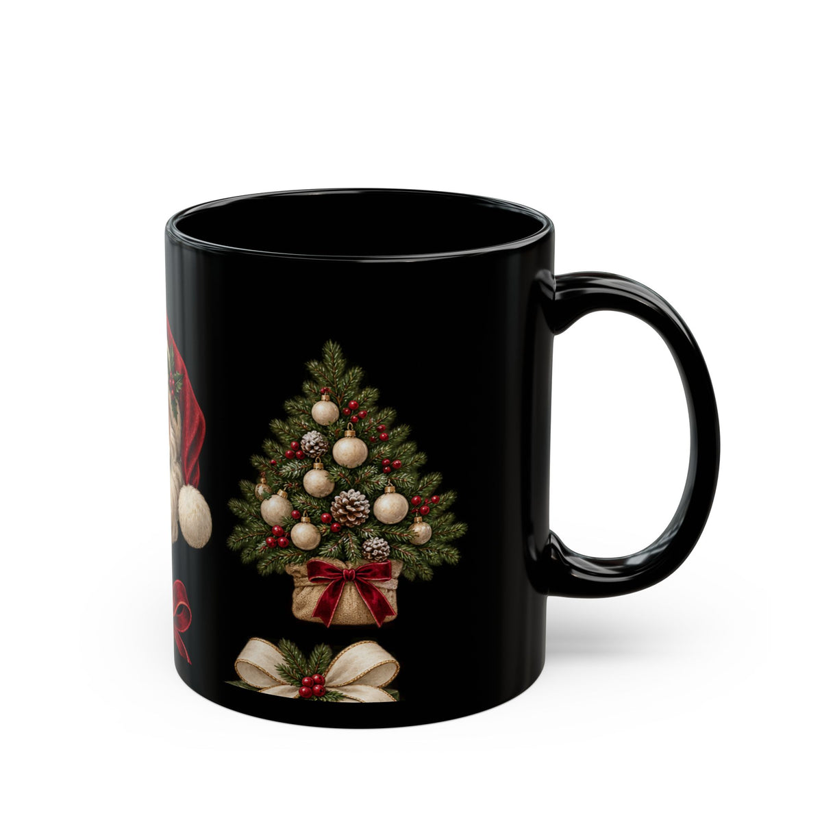 Christmas Santa & Tree Black Ceramic Mug – Vintage Holiday Coffee Cup (11oz/15oz)