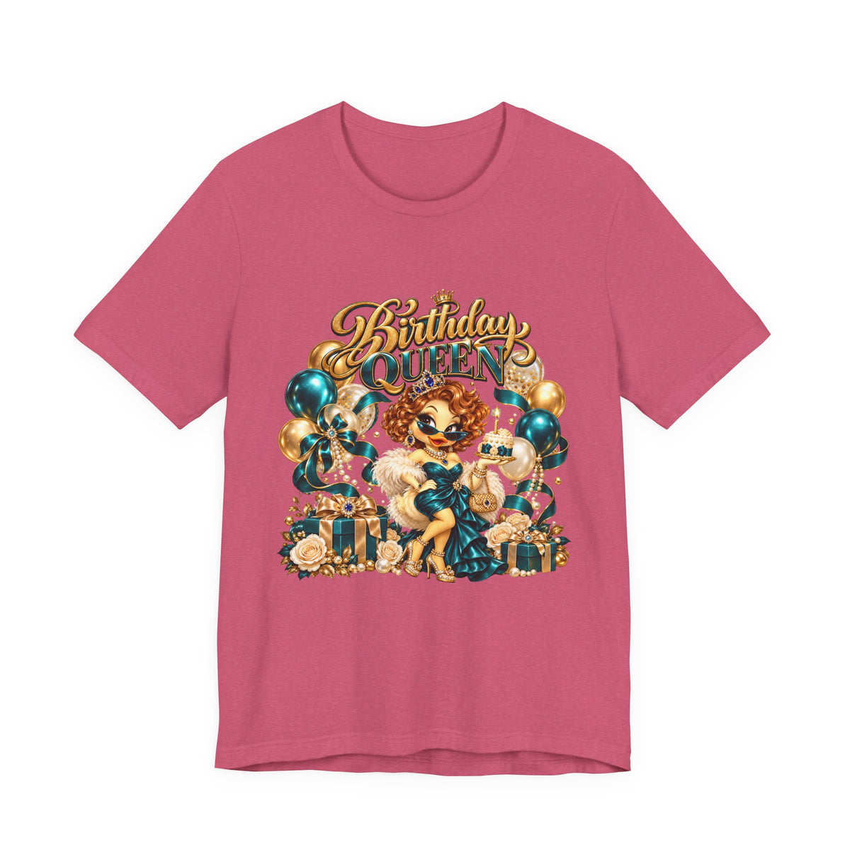Birthday Queen Tee — Gold & Teal Balloon Party Graphic Shirt
