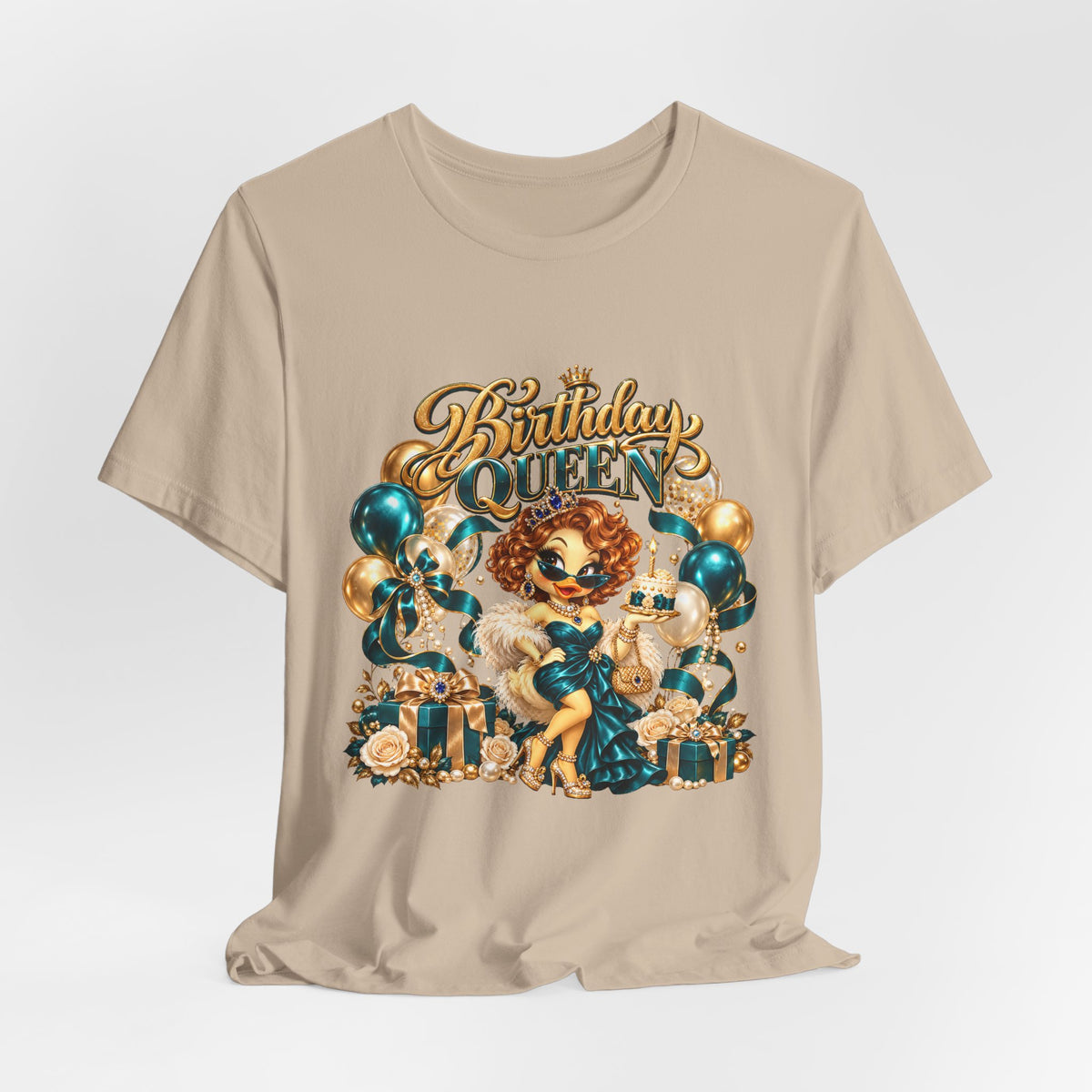 Birthday Queen Tee — Gold & Teal Balloon Party Graphic Shirt