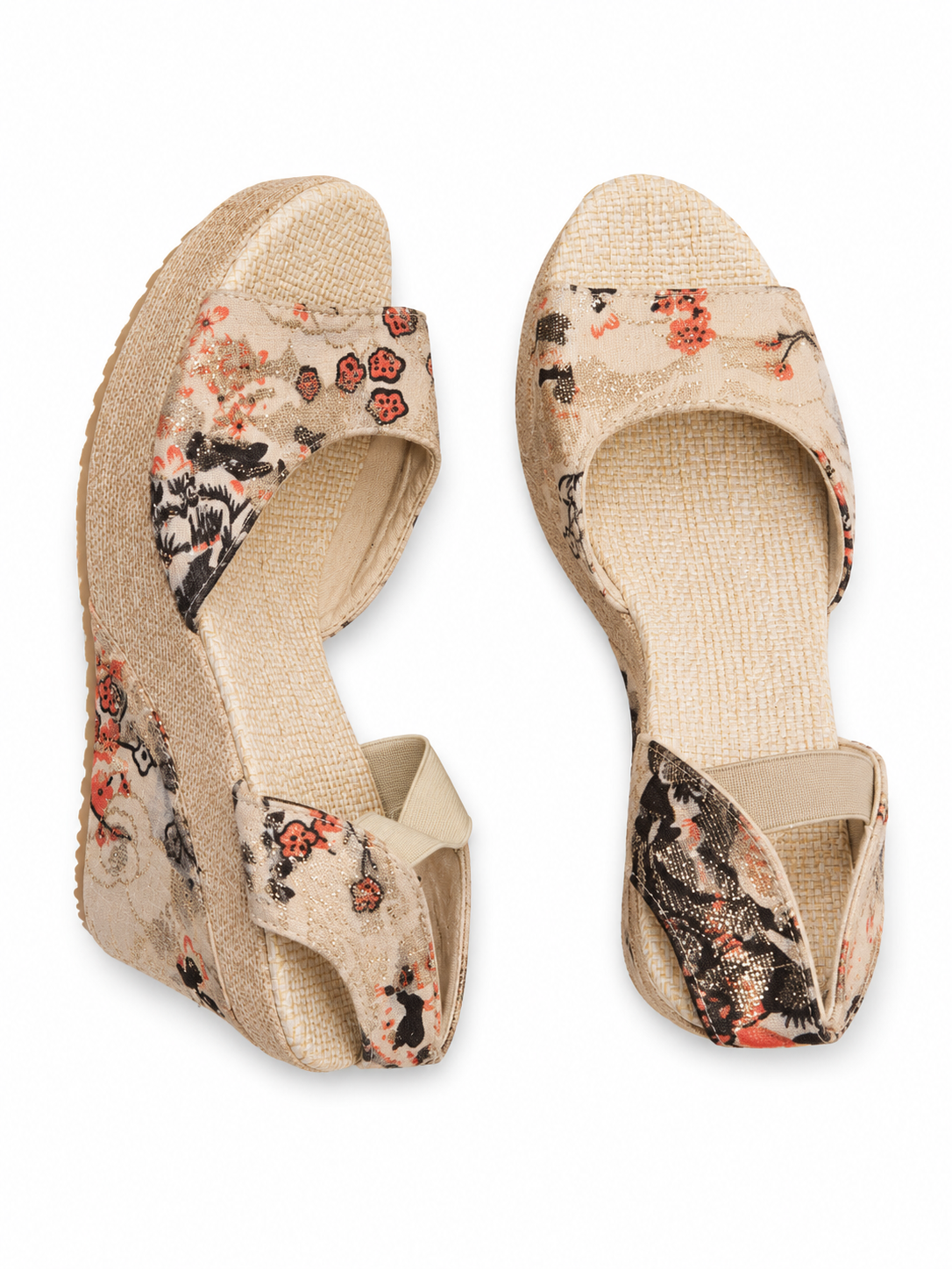 Sandales compensées beiges imprimé floral japonais