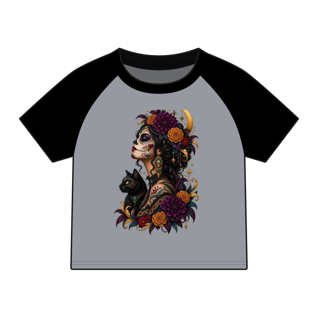 Copy of Women’s Calavera Cat Raglan Baby Tee, Gothic Floral Sugar Skull Shirt,