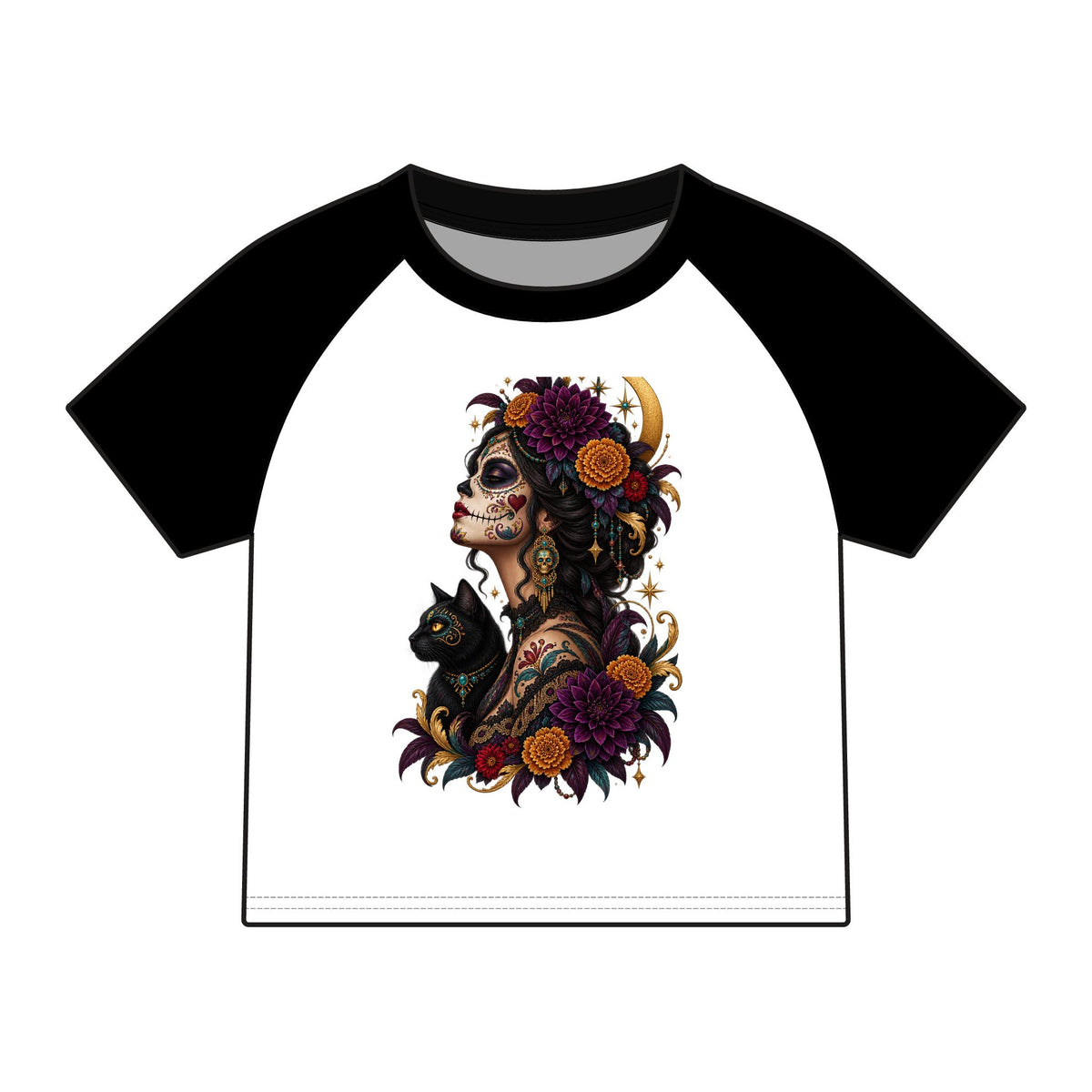 Copy of Women’s Calavera Cat Raglan Baby Tee, Gothic Floral Sugar Skull Shirt,