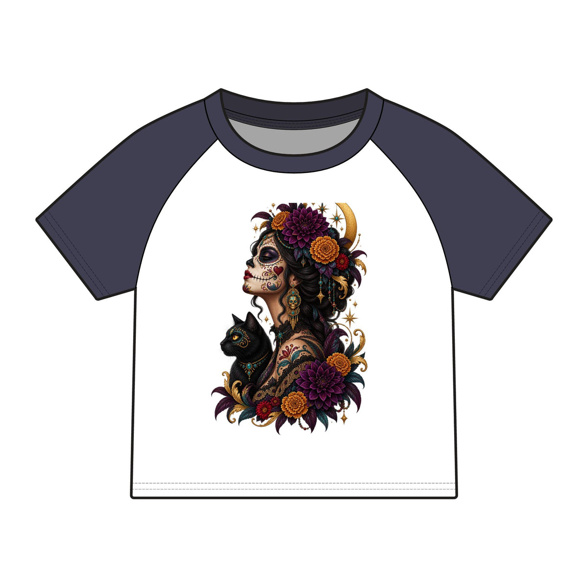 Copy of Women’s Calavera Cat Raglan Baby Tee, Gothic Floral Sugar Skull Shirt,