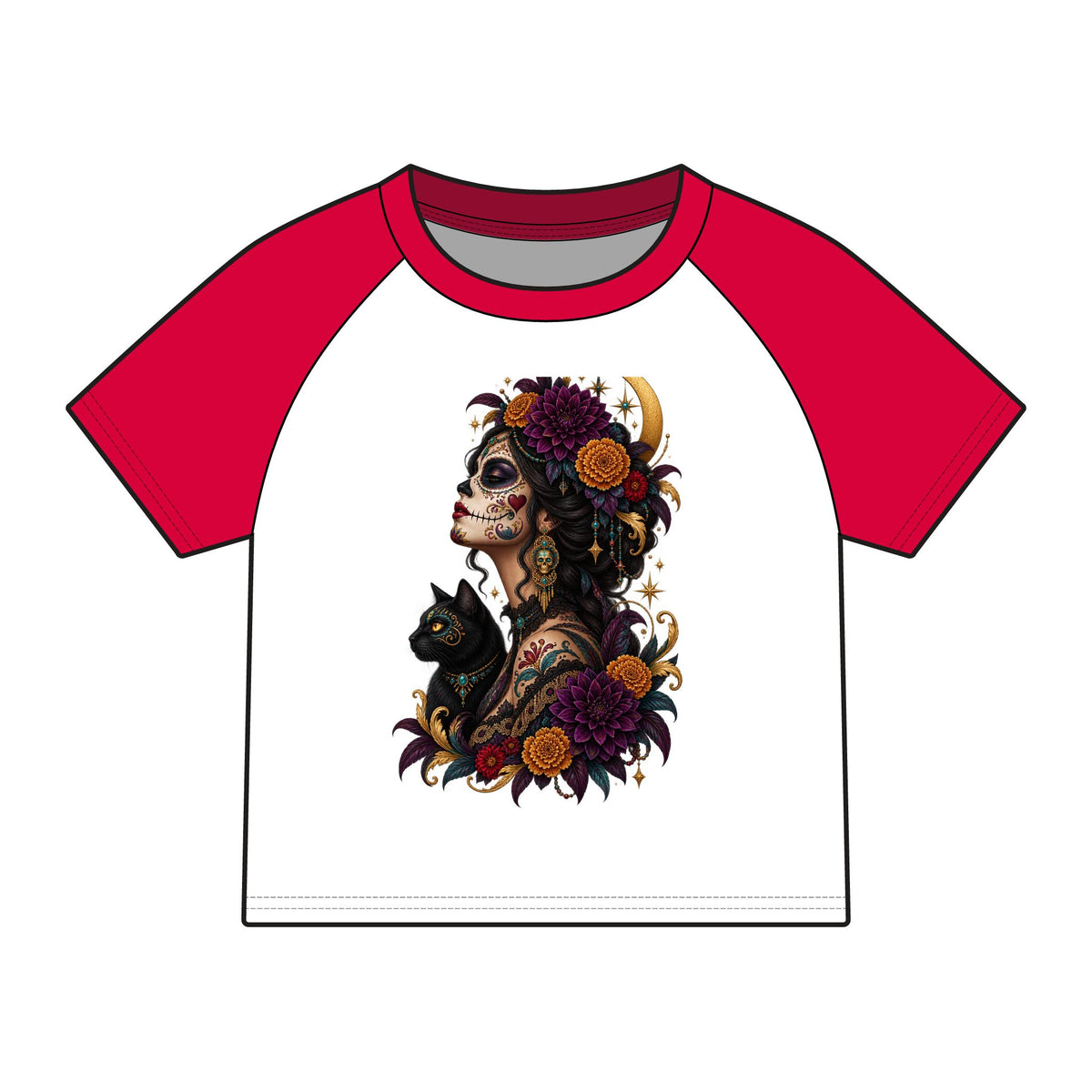Copy of Women’s Calavera Cat Raglan Baby Tee, Gothic Floral Sugar Skull Shirt,