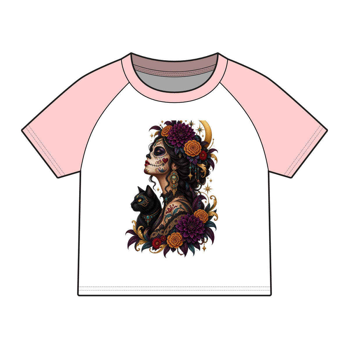 Copy of Women’s Calavera Cat Raglan Baby Tee, Gothic Floral Sugar Skull Shirt,