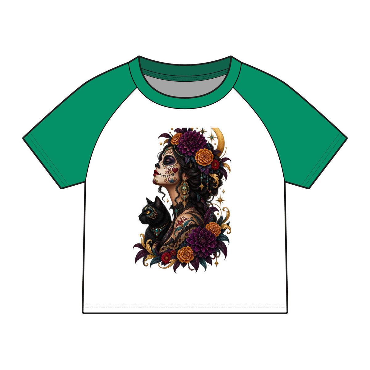 Copy of Women’s Calavera Cat Raglan Baby Tee, Gothic Floral Sugar Skull Shirt,