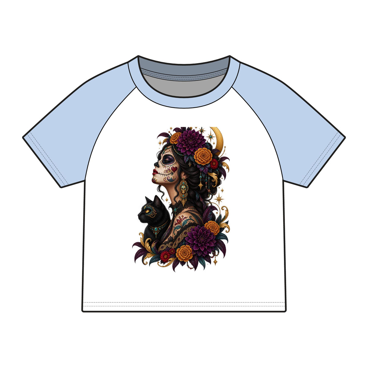 Copy of Women’s Calavera Cat Raglan Baby Tee, Gothic Floral Sugar Skull Shirt,