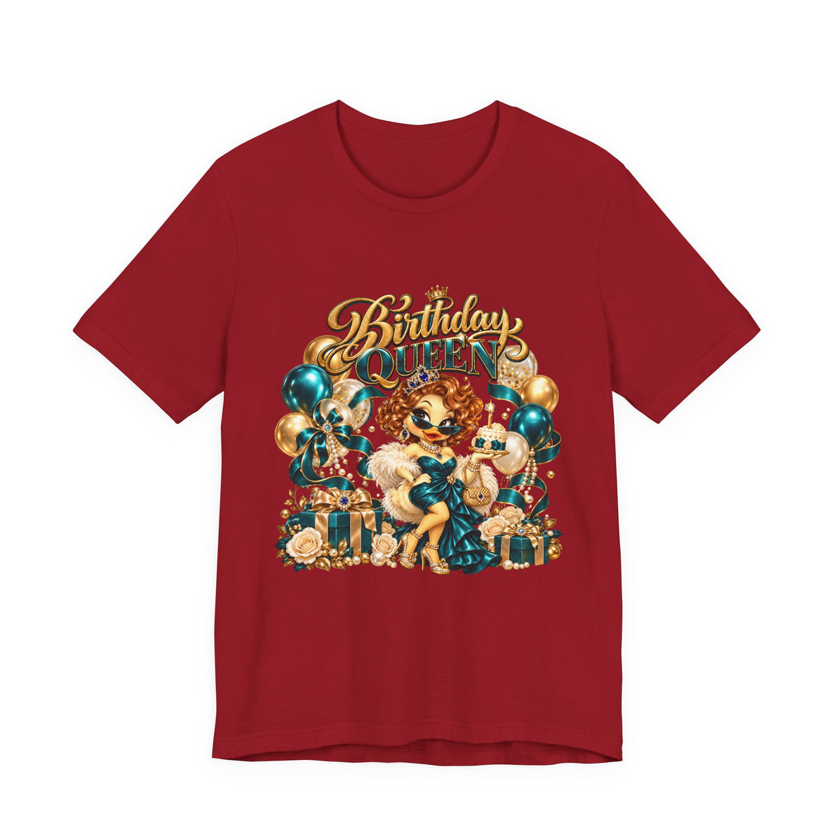 Birthday Queen Tee — Gold & Teal Balloon Party Graphic Shirt