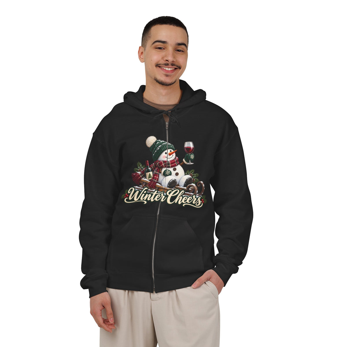 Winter Cheers Snowman Zip Hoodie | Holiday Drinking Wine Design