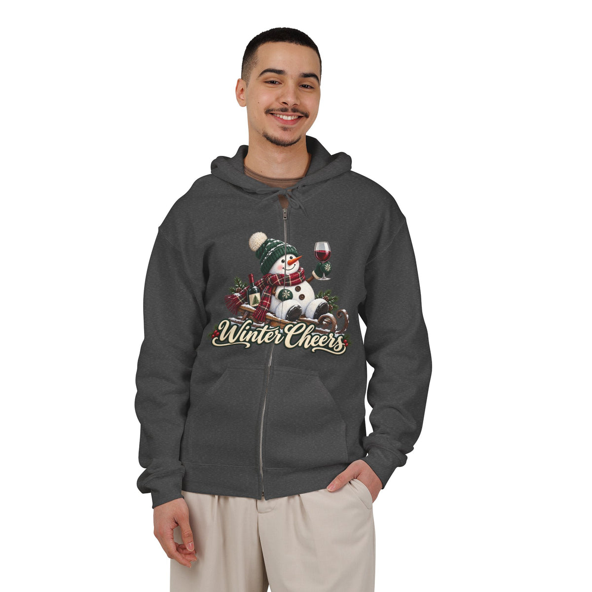 Winter Cheers Snowman Zip Hoodie | Holiday Drinking Wine Design