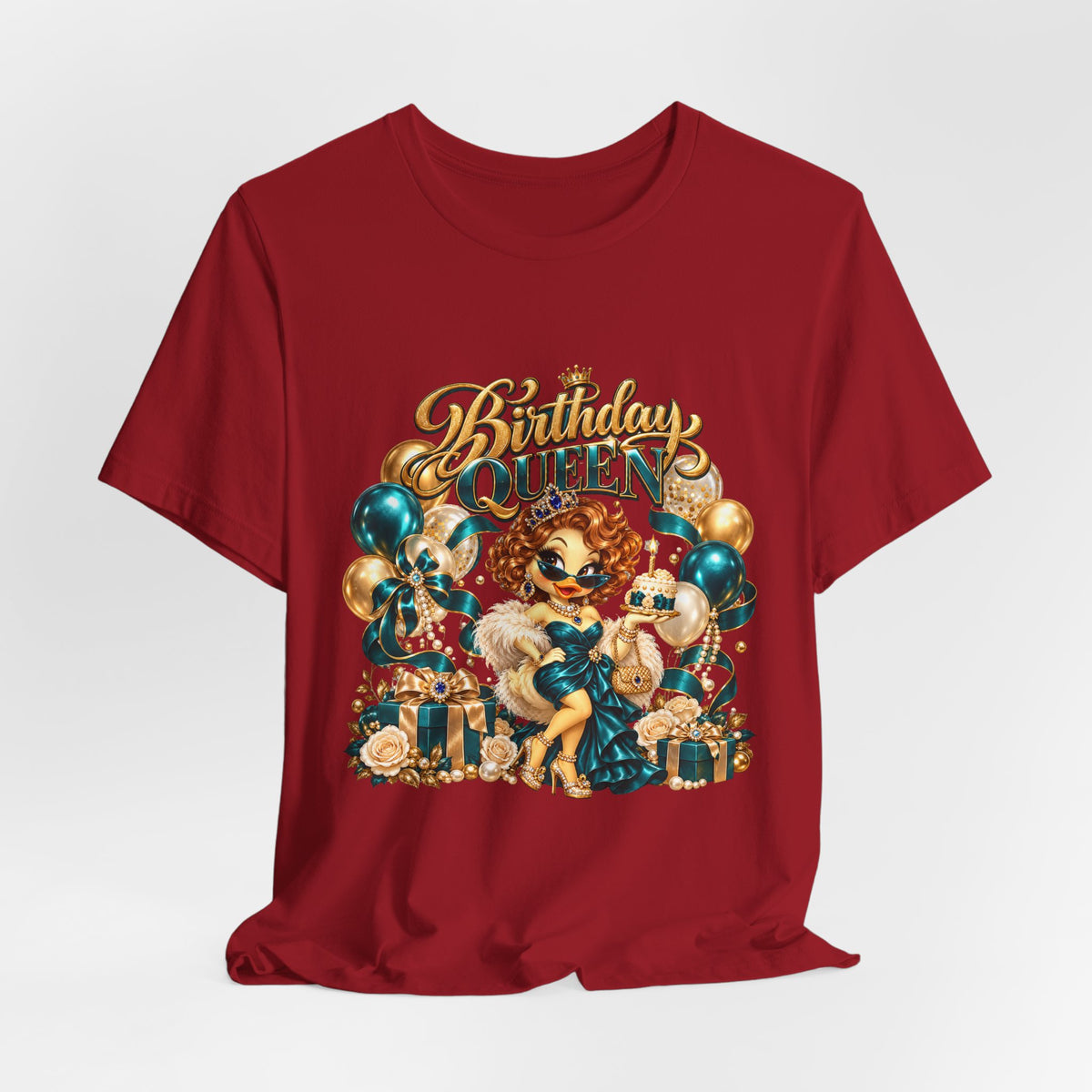 Birthday Queen Tee — Gold & Teal Balloon Party Graphic Shirt