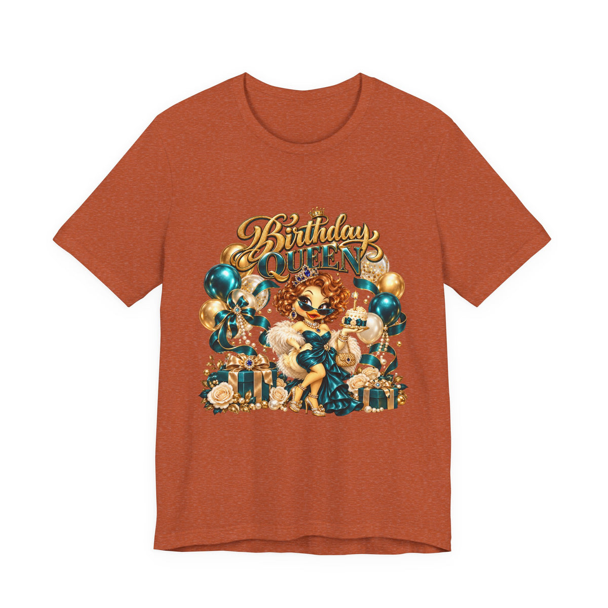 Birthday Queen Tee — Gold & Teal Balloon Party Graphic Shirt
