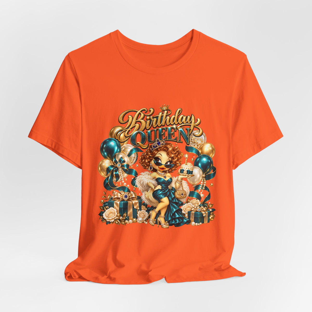 Birthday Queen Tee — Gold & Teal Balloon Party Graphic Shirt