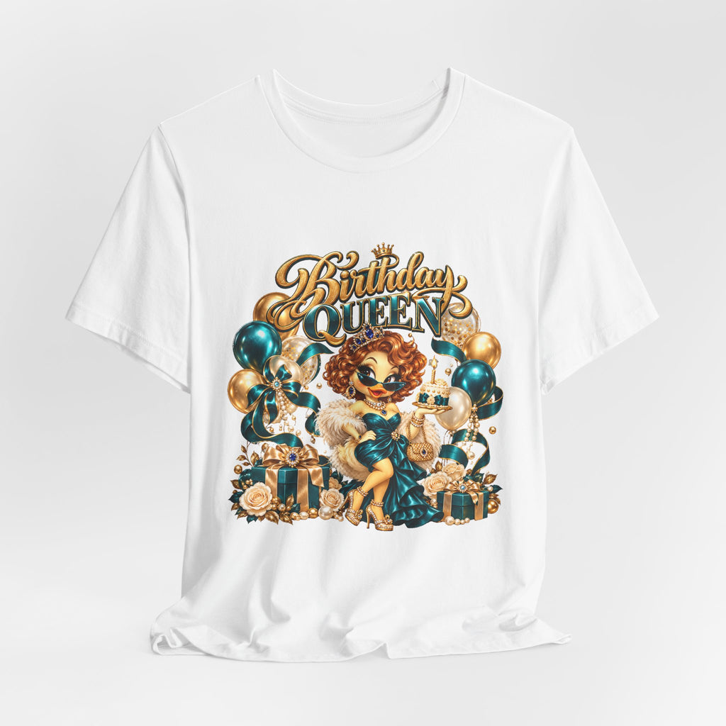 Birthday Queen Tee — Gold & Teal Balloon Party Graphic Shirt