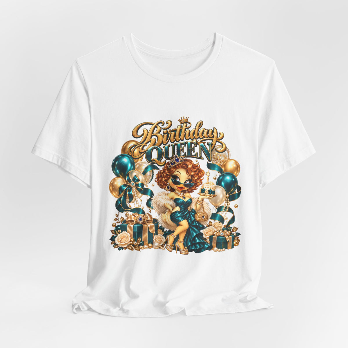 Birthday Queen Tee — Gold & Teal Balloon Party Graphic Shirt