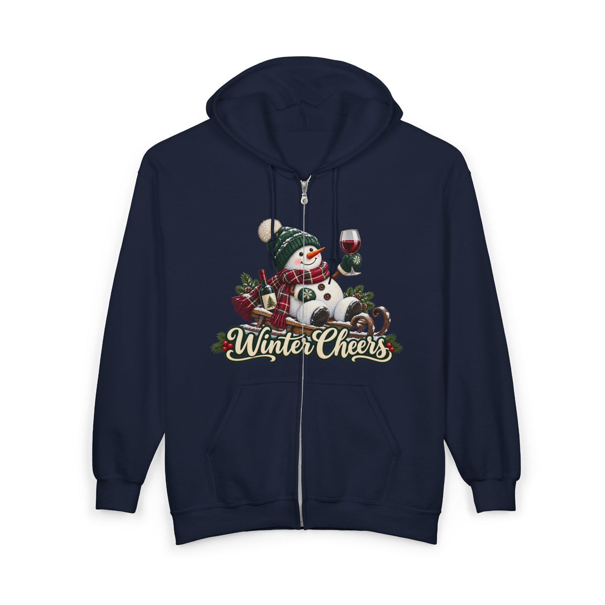 Winter Cheers Snowman Zip Hoodie | Holiday Drinking Wine Design