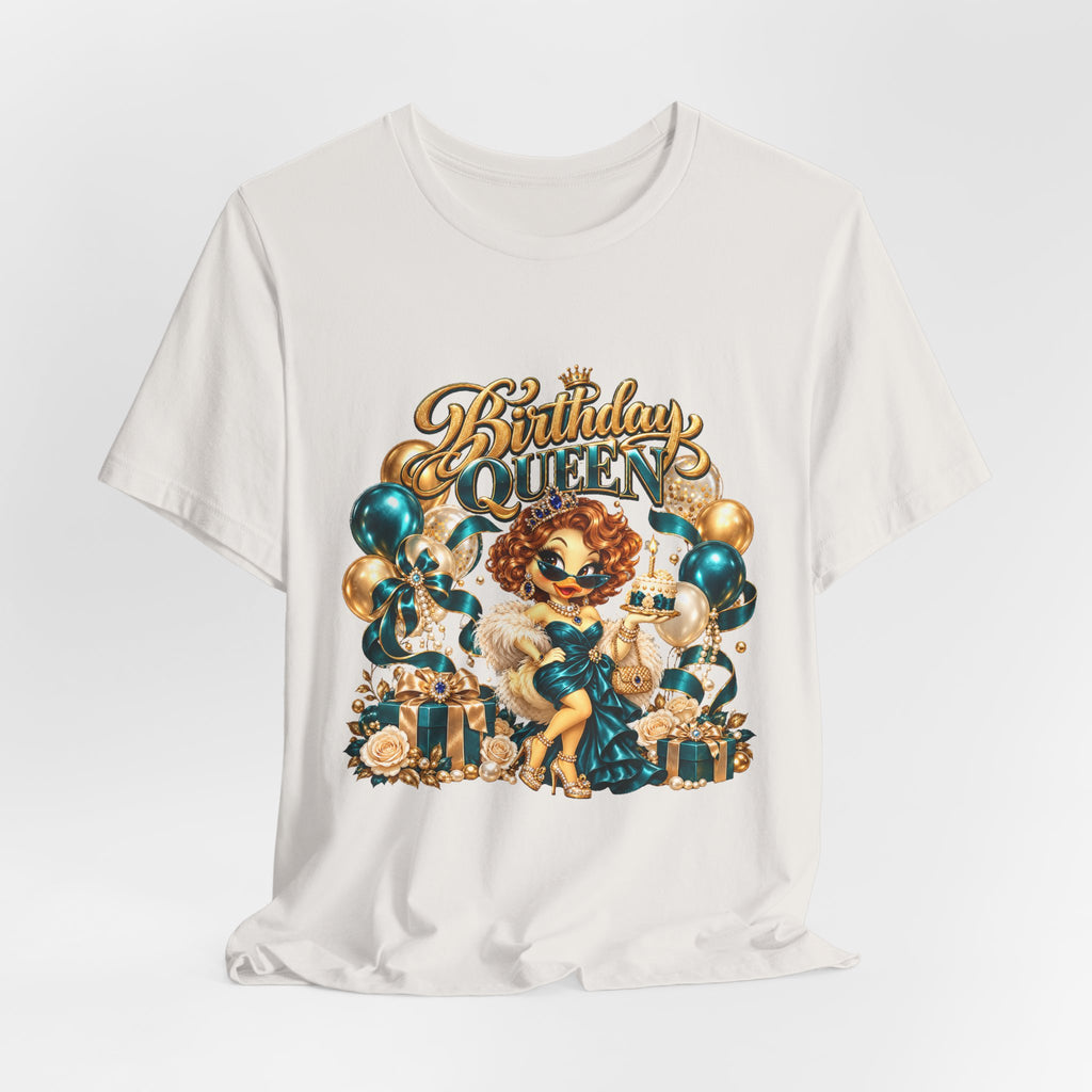 Birthday Queen Tee — Gold & Teal Balloon Party Graphic Shirt
