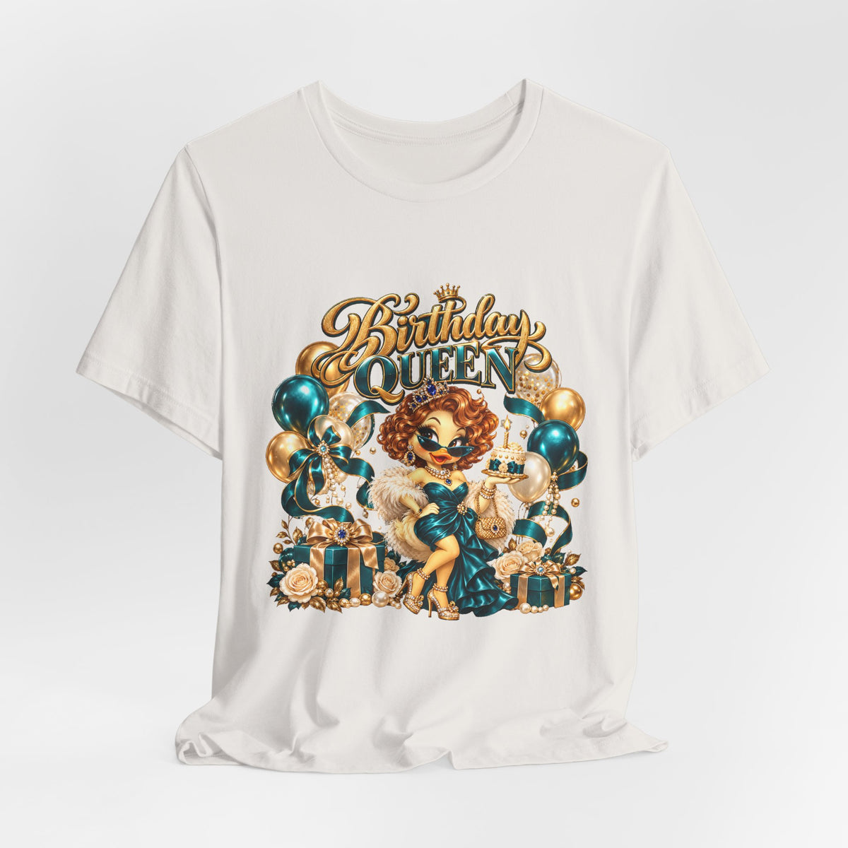 Birthday Queen Tee — Gold & Teal Balloon Party Graphic Shirt