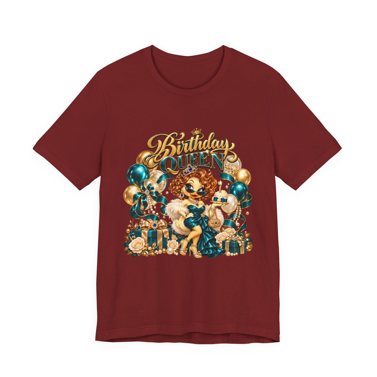 Birthday Queen Tee — Gold & Teal Balloon Party Graphic Shirt