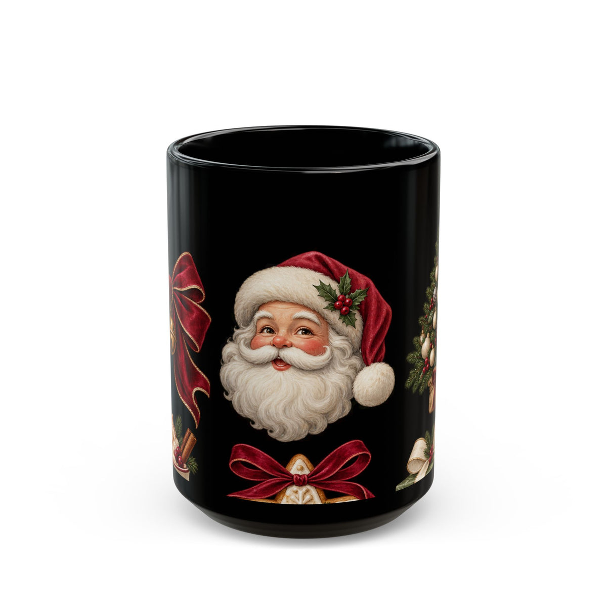 Christmas Santa & Tree Black Ceramic Mug – Vintage Holiday Coffee Cup (11oz/15oz)
