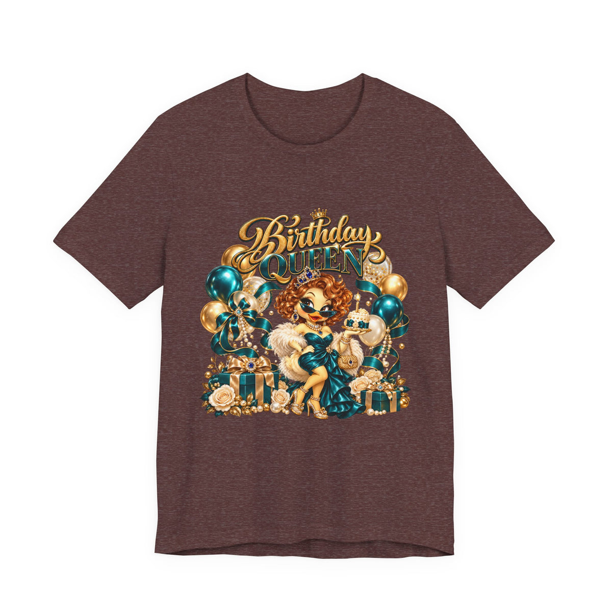 Birthday Queen Tee — Gold & Teal Balloon Party Graphic Shirt