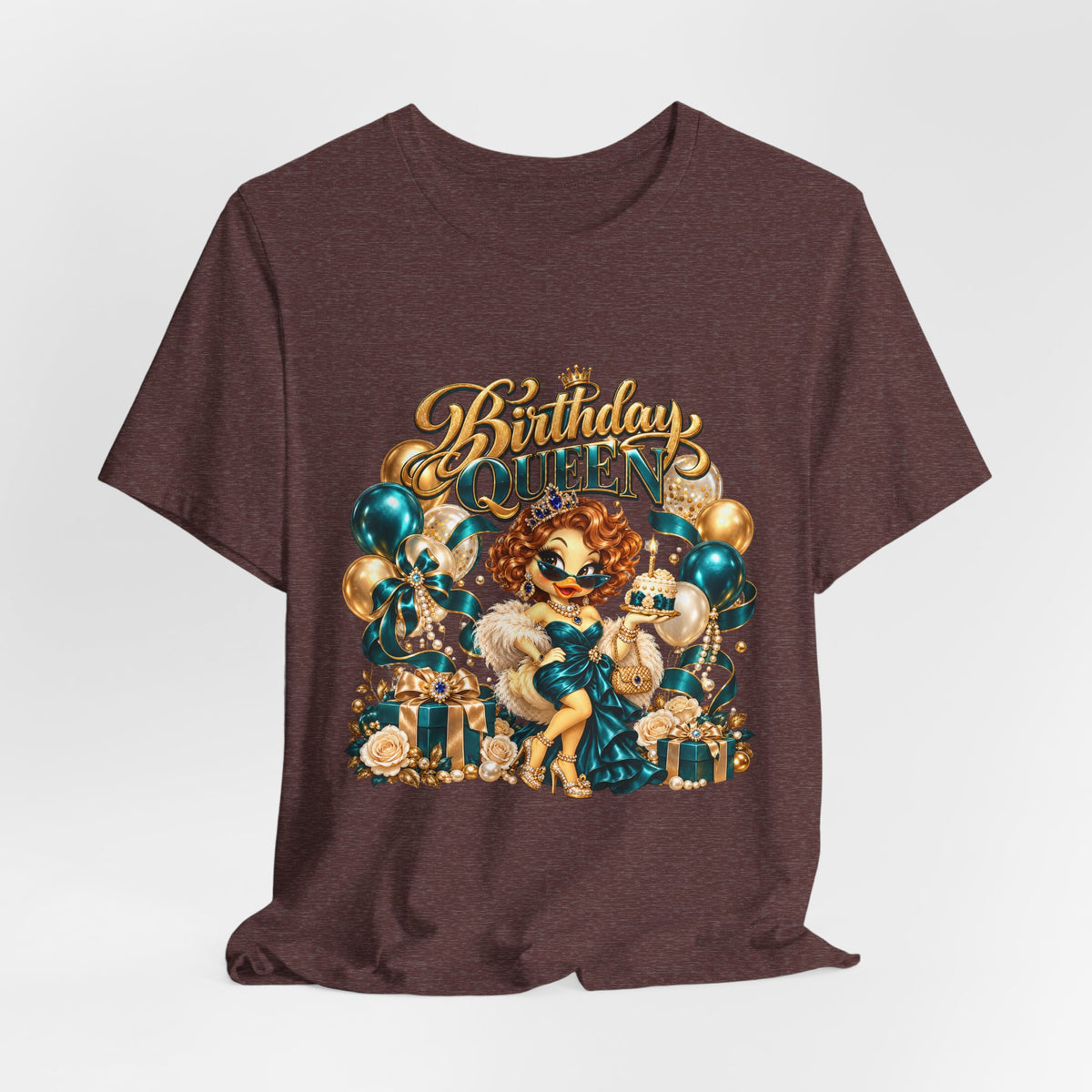 Birthday Queen Tee — Gold & Teal Balloon Party Graphic Shirt