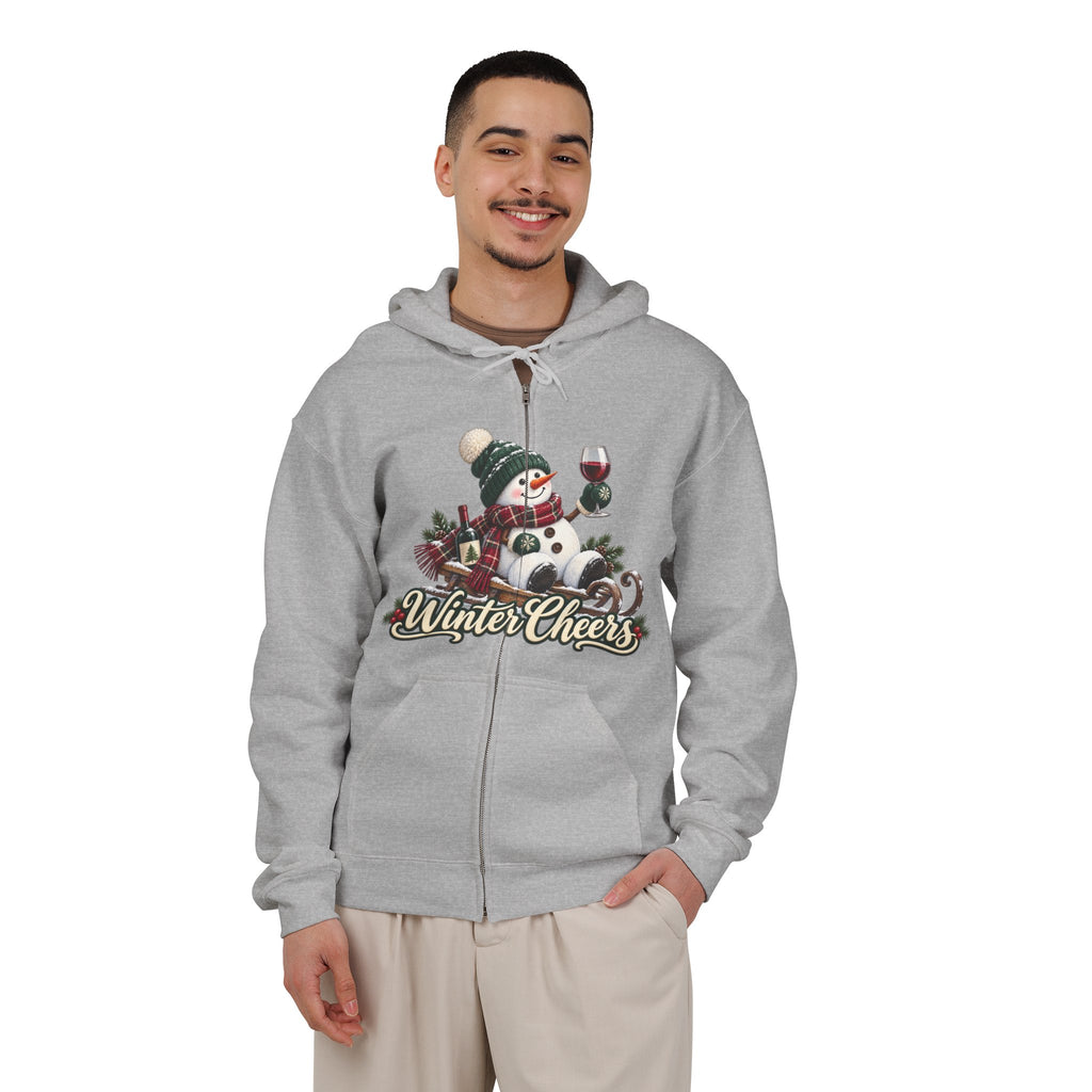 Winter Cheers Snowman Zip Hoodie | Holiday Drinking Wine Design