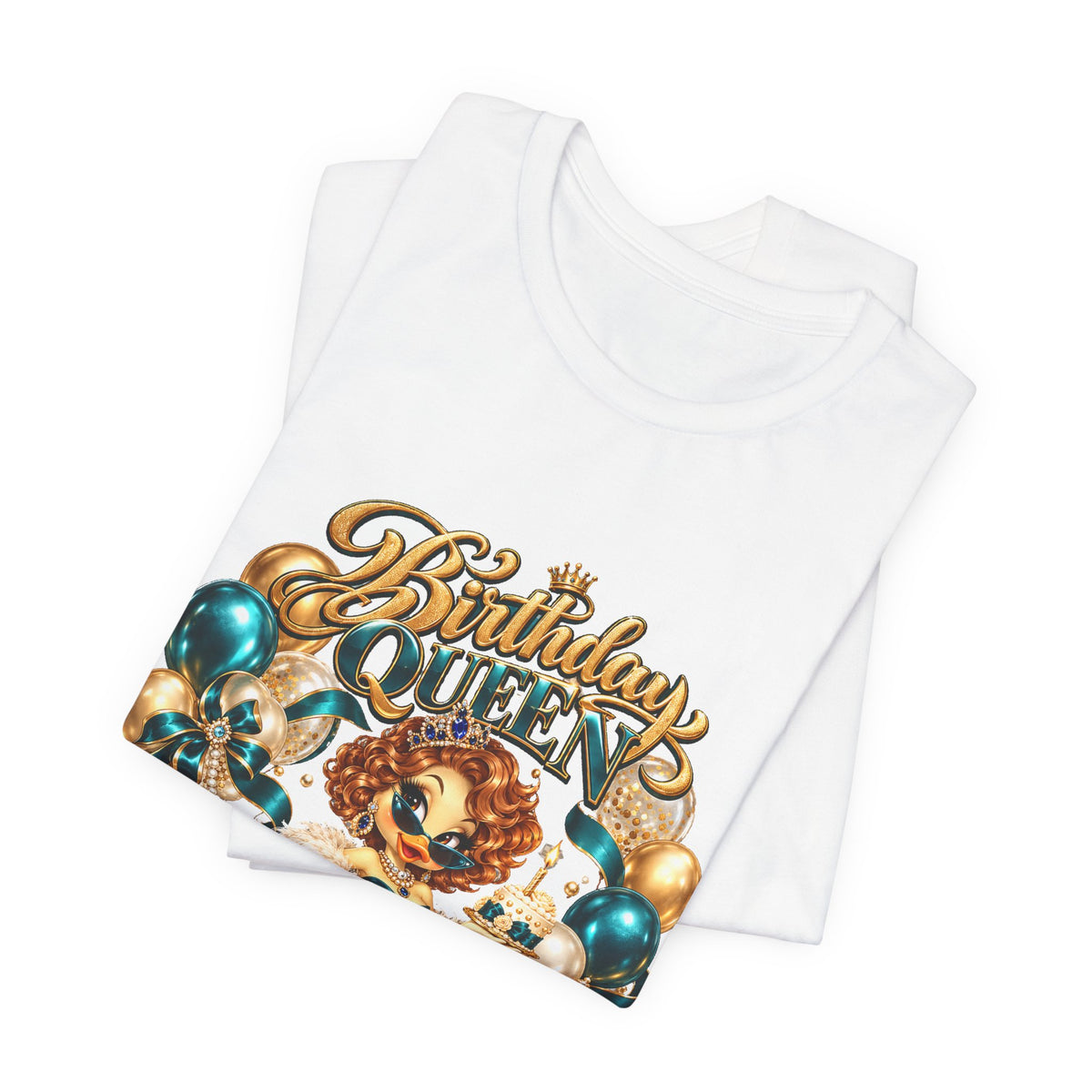 Birthday Queen Tee — Gold & Teal Balloon Party Graphic Shirt