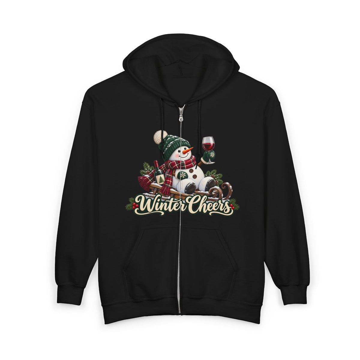 Winter Cheers Snowman Zip Hoodie | Holiday Drinking Wine Design